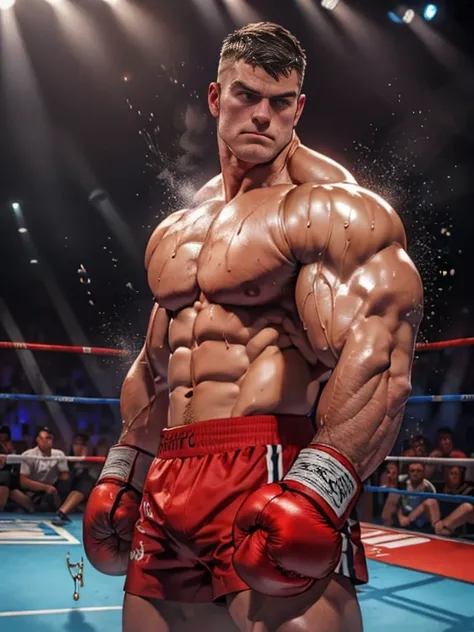 3D Photorealistic, Masterpiece realistic, best high quality, perfect details, RAW Photo, intricate details, nice lighting, 4K, detailed background, In the championship boxing match, A determined muscular boxing champion 45-year-old man, perfect wrinkle wea...