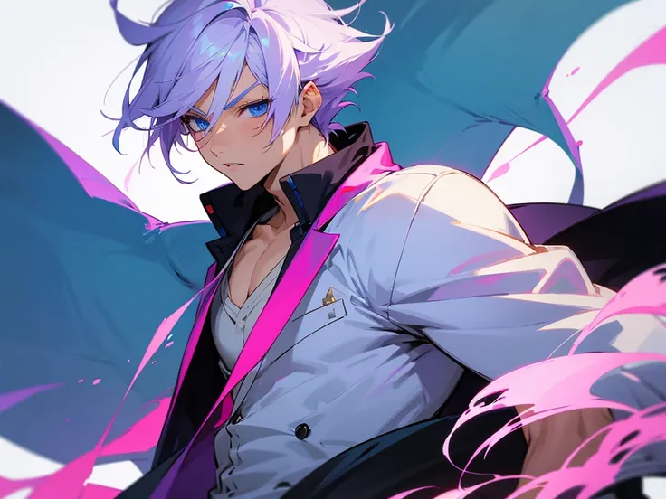 Anime boy with  mix of purple and  white hair ,in modern school uniform, looking muscular, cool, with dragon tattoo on his neck, have blue eyes