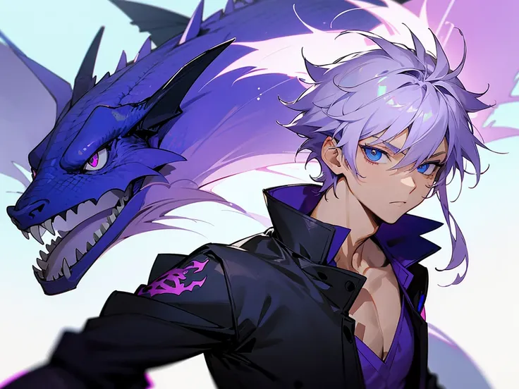 Anime boy with  mix of purple and  white hair ,in modern school uniform, looking muscular, cool, with dragon tattoo on his neck, have blue eyes