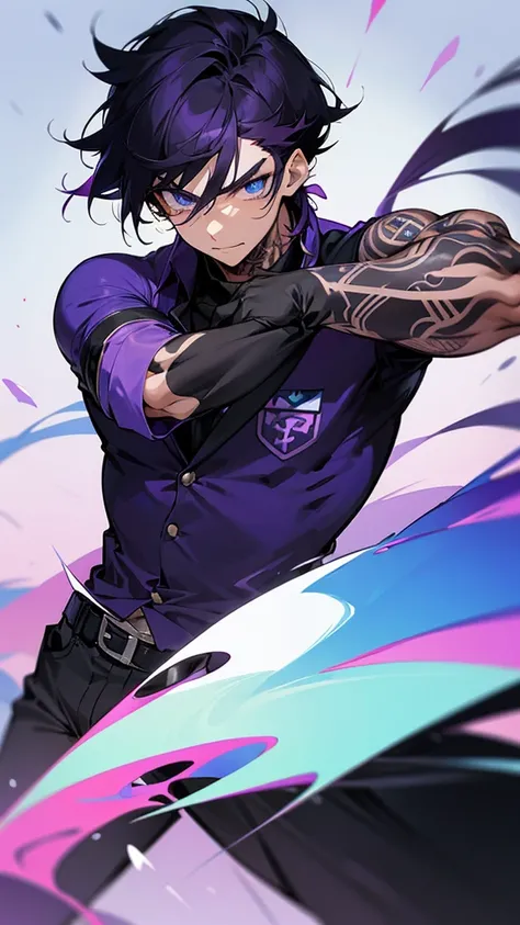 Anime boy with  mix of purple and  black hair ,in modern school uniform, looking muscular, cool, tattooed on his neck, have blue eyes