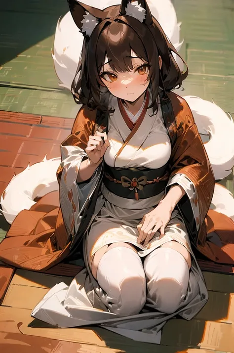 (((masterpiece))),(((bestquality))),((ultra-detailed)),(illustration),((an extremely delicate and beautiful)), fox girl, kitsune, brown hair, fluffy tail, detailed background, samurai outfit, sitting in a japanese room, tatami mat, mischevious expression