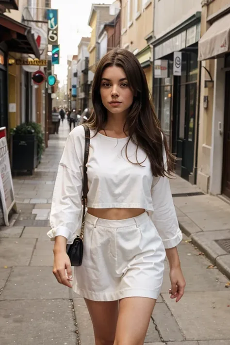 brunette walking around town