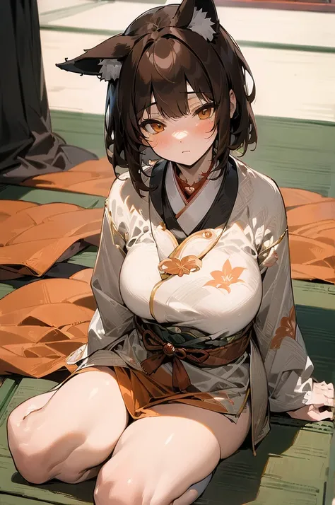 (((masterpiece))),(((bestquality))),((ultra-detailed)),(illustration),((an extremely delicate and beautiful)), fox girl, kitsune, brown hair, fluffy tail, detailed background, samurai outfit, sitting in a japanese room, tatami mat, holding a katana, long h...