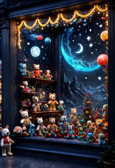 Toy Store Window Display, night, by Sophie Anderson, octane render, enhance, intricate, (best quality, masterpiece, Representative work, official art, Professional, 8k wallpaper)