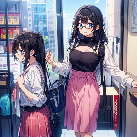 Beautiful junior high school girl with glasses and straight black hair wears a bra for the first time（light pink in color）An illustration of a person changing clothes while excitedly wearing a full body anime style