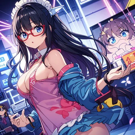 Illustration of a beautiful junior high school girl with glasses and long straight black hair wearing a bra (light pink) for the first time with a sense of excitement while changing, full-body anime style.