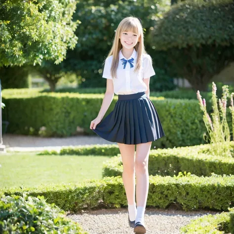 beautiful long blonde hair　Slender Beautiful Girl　school uniform　　pleated skirt　garden　　blue eyes　Standing ceremony　Beautiful smile　mini skirt　Black panties are visible