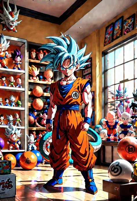 cartoon "Dragon Ball", Toy Store, Window Display, octane render, enhance, intricate, (best quality, masterpiece, Representative work, official art, Professional, 8k wallpaper:1.3)