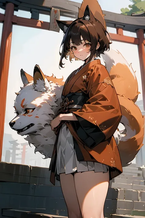 (((masterpiece))),(((bestquality))),((ultra-detailed)),(illustration),((an extremely delicate and beautiful)), fox girl, kitsune, brown hair, fluffy tail, detailed background, samurai outfit, standing in front of a torii gate, holding a katana, short hair,...