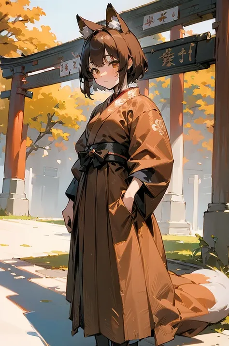 (((masterpiece))),(((bestquality))),((ultra-detailed)),(illustration),((an extremely delicate and beautiful)), fox girl, kitsune, brown hair, fluffy tail, detailed background, samurai outfit, standing in front of a torii gate, holding a katana, short hair,...