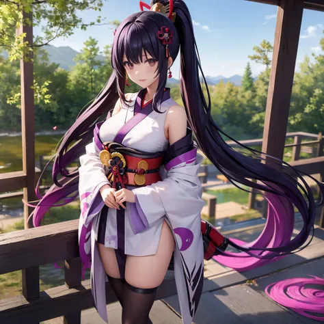 anime girl standing in a near-future japanese landscape, samurai figure, hieratic visionary style, dark purple and black, this b...