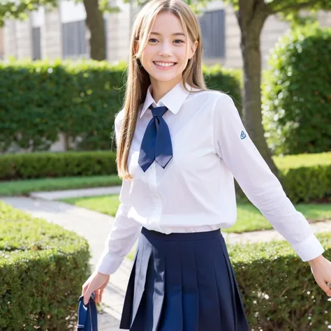 beautiful long blonde hair　Slender Beautiful Girl　school uniform　　pleated skirt　schoolyard　　blue eyes　Standing ceremony　Beautiful smile　mini skirt　Black panties are visible　long sleeve