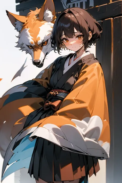 (((masterpiece))),(((bestquality))),((ultra-detailed)),(illustration),((an extremely delicate and beautiful)), fox girl, kitsune, brown hair, fluffy tail, detailed background, samurai outfit, standing in front of a torii gate, holding a katana, short hair,...