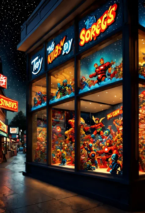 Toy Store, Window Display, night, by Jack Kirby and Frank Miller, octane render, enhance, intricate, (best quality, masterpiece, Representative work, official art, Professional, 8k wallpaper)