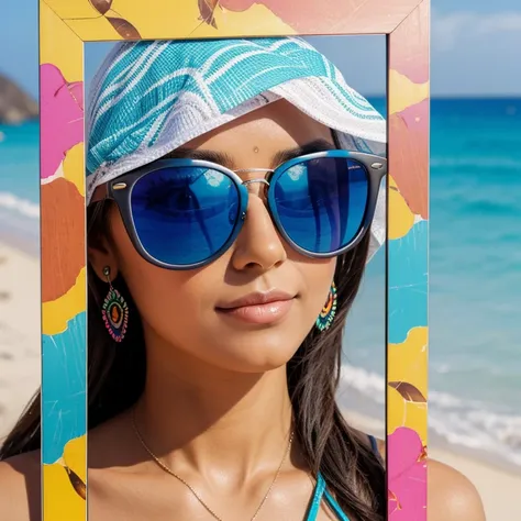 criei uma garota na praia, com um, Mordeno sunglasses, com lentes multicoloridas, wrap style adhesive frame, colorful decal print on frame 