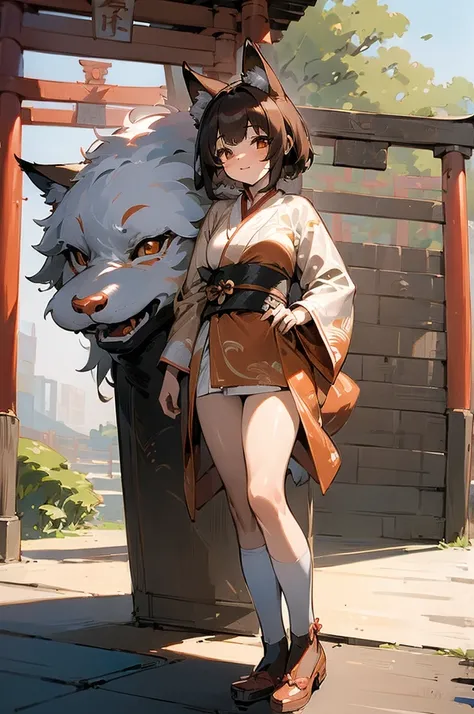 (((masterpiece))),(((bestquality))),((ultra-detailed)),(illustration),((an extremely delicate and beautiful)), fox girl, kitsune, brown hair, fluffy tail, detailed background, standing in front of a torii gate, short hair, full fringe, tomboy appearance, h...