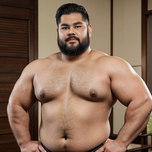 Close-up of a man with a hairy body posing for a photo, standing in the room、Bearded、Shirtless around 40&#39;s man, 頑丈でがっしりIt was体, sturdy, half male、half asian black bull, Half-human, half-Asian black bear, Chubby-chan, asian man, thick, Hanky mid shot, s...