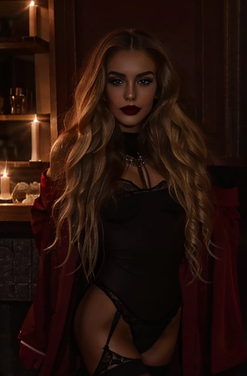 Slavic girl 26 years old, blonde hair, petite, slim, long curly hair, lingerie, stockings, jewelry, night, strong makeup, dark red lips, masterpiece, beautiful, breathtaking