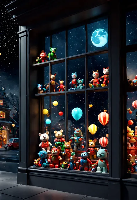 Toy Store, Window Display, night, by Brian Jungen, octane render, enhance, intricate, (best quality, masterpiece, Representative work, official art, Professional, 8k wallpaper)