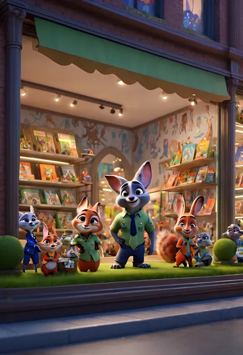 cartoon "Zootopia", Toy Store, Window Display, octane render, enhance, intricate, (best quality, masterpiece, Representative work, official art, Professional, 8k wallpaper:1.3)