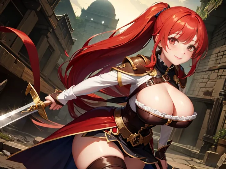 masterpiece　最high quality　high quality １Man Cute Woman　fantasy　adventurer　Inside the dungeon Inside the ruins　Attack with a two-handed sword　Slashing　jump　Princess Knight　older sister　battle　effect　smile　Uplifting　red hair　dynamic angle　ponytail　Very big b...