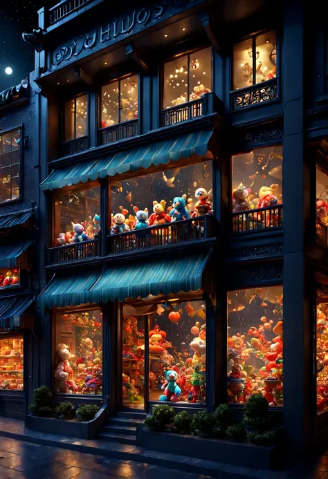 Toy Store, Window Display, night, by Song Huizong Zhao Ji, octane render, enhance, intricate, (best quality, masterpiece, Representative work, official art, Professional, 8k wallpaper)