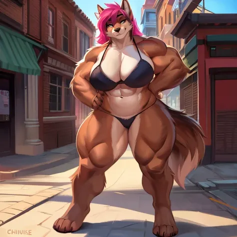 By chunie, by dramamine, by spuydjeks, by Pixelsketcher, solo, standing, female, (((muscular, buff, strong, broad shoulders))), big biceps, big breasts, huge thighs, huge booty, big paws, long legs, street, canine, ((hair, snout)), looking at viewer, detai...