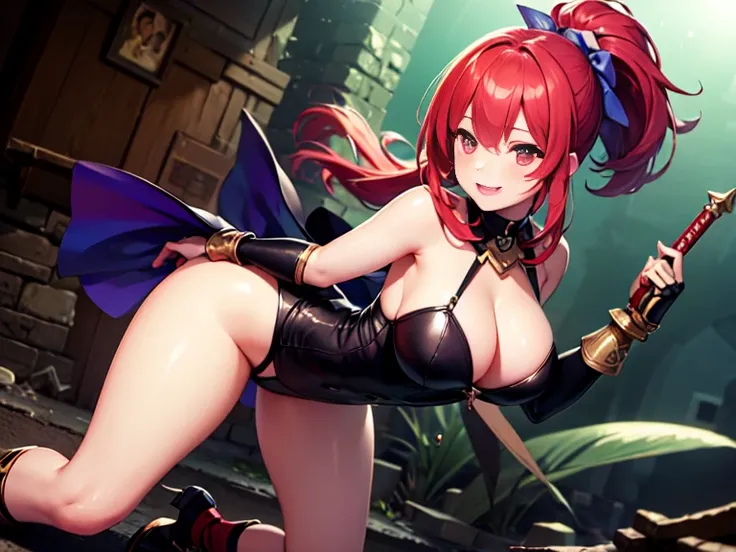 masterpiece　最high quality　high quality １Man Cute Woman　fantasy　adventurer　Inside the dungeon Inside the ruins　Attack with a two-handed sword　Slashing　jump　Princess Knight　older sister　battle　effect　smile　Uplifting　red hair　dynamic angle　ponytail　Very big b...