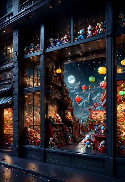 Toy Store, Window Display, night, by wu daozi, octane render, enhance, intricate, (best quality, masterpiece, Representative work, official art, Professional, 8k wallpaper)