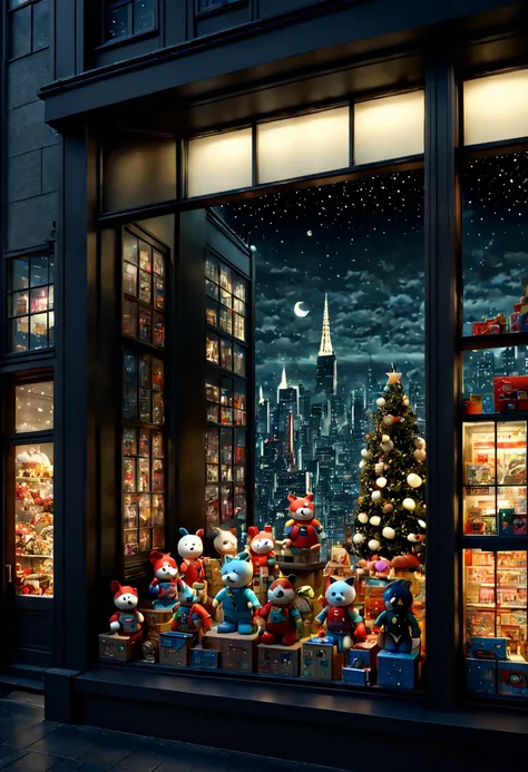 Toy Store, Window Display, night, by Naoki Urasawa, octane render, enhance, intricate, (best quality, masterpiece, Representative work, official art, Professional, 8k wallpaper)