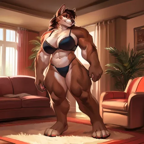 By chunie, by dramamine, by spuydjeks, by Pixelsketcher, solo, standing, female, (((muscular, buff, strong, broad shoulders))), huge biceps, big breasts, huge thighs, huge booty, huge paws, long legs, livingroom, canine, ((hair, snout)), looking at viewer,...