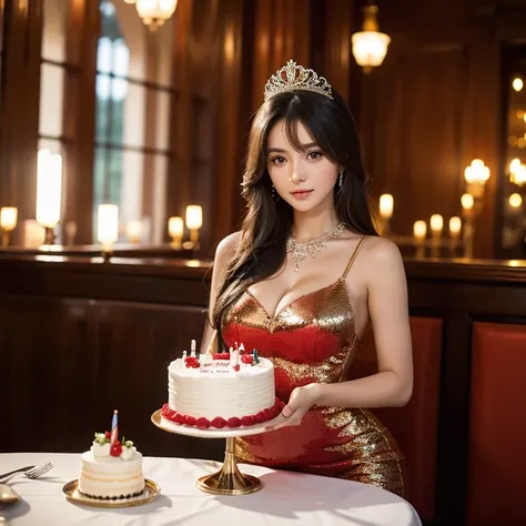 A beautiful girl，brune,long hair,elaborate dress,sexy dress,Birthday cake in both hands in beautiful restaurant