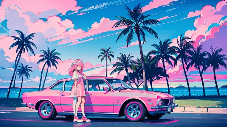 seaside, pink sky, palm tree, blue classic car, blue and pink neon