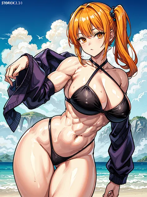 （（（masterpiece、Highest image quality、highest quality、highly detailed unity 8ｋwallpaper）））、（（Illustration of one girl））、（（（beautiful girl）））、（（orange hair、side ponytail、sidelocks：1.2、orange eyes））、（（（（body full of big scars）））、（（stocky build, thickset physi...