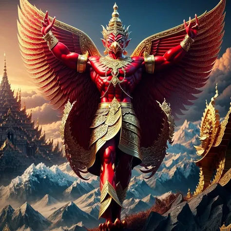 (Garuda 1) Red eyes, muscular body. Best anatomy: Red-skinned Garuda. Red-haired Garuda. Large, outstretched, red-winged Garuda. perfect wingspan Wear jewelry made from gold with Thai patterns. Gold jewelry decorated with diamonds on Garudas head Wearing T...