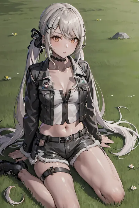 petrification, masterpiece, best quality, highres, aaqpi, long hair, low twintail, hair ribbon, hairclip, medium breasts, choker, cropped jacket, black jacket, white shirt, midriff, black shorts, thigh strap, shoes, wariza, sitting, grass,