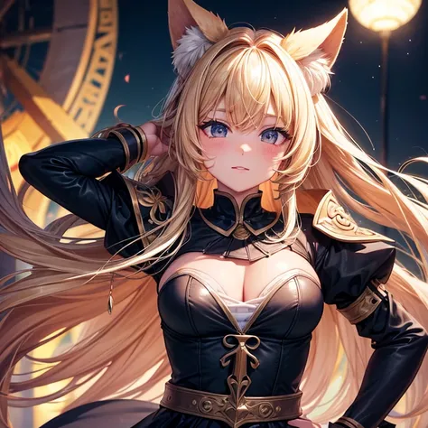  (Official art、Best Quality、Unity 8k Wallpapers、32K、masterpiece、ultra-detailliert、超A high resolution、The best illustrations、Very ridiculous:1.2), Goldie, dog ear, blonde hair, long hair, blush face, 23year old female, background under pale Moonlight, (Cine...