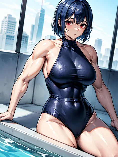 （（（masterpiece、Highest image quality、highest quality、highly detailed unity 8ｋwallpaper）））、（（Illustration of one girl））、（（（beautiful girl）））、（（light blue hair、short hair、red eyes））、（（（tall、stocky build, thickset physique, muscular legs, broad shoulders, sol...