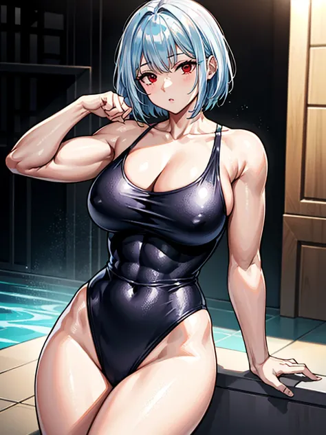 （（（masterpiece、Highest image quality、highest quality、highly detailed unity 8ｋwallpaper）））、（（Illustration of one girl））、（（（beautiful girl）））、（（light blue hair、short hair、red eyes））、（（（tall、stocky build, thickset physique, muscular legs, broad shoulders, sol...