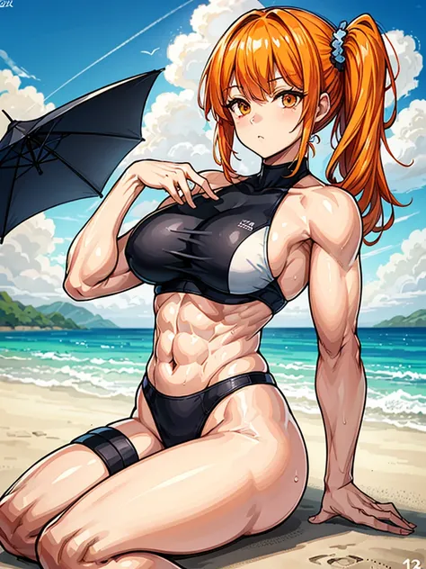 （（（masterpiece、Highest image quality、highest quality、highly detailed unity 8ｋwallpaper）））、（（Illustration of one girl））、（（（beautiful girl）））、（（orange hair、side ponytail、sidelocks：1.2、orange eyes））、（（stocky build, thickset physique：1.3, muscular legs, broad ...