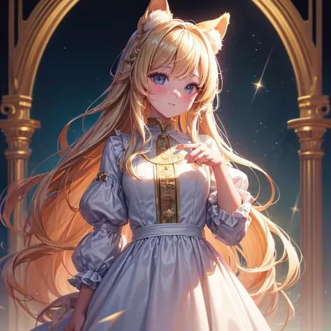  (Official art、Best Quality、Unity 8k Wallpapers、32K、masterpiece、ultra-detailliert、超A high resolution、The best illustrations、Very ridiculous:1.2), Goldie, dog ear, blonde hair, long hair, white dress, blush face, 23year old female, background under pale Moo...