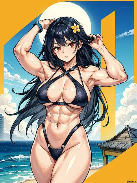 （（（masterpiece、Highest image quality、highest quality、highly detailed unity 8ｋwallpaper）））、（（Illustration of one girl））、（（（beautiful girl）））、（（black hair、Very Longhair、straight：1.2、golden hair ornament、red eyes））、（tall、stocky build：1.2, thickset physique：1....