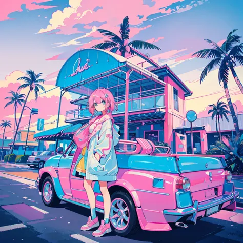 (1 girl, pink hair, kawaii), (seaside, pink sky, palm tree, blue classic car, blue and pink neon)