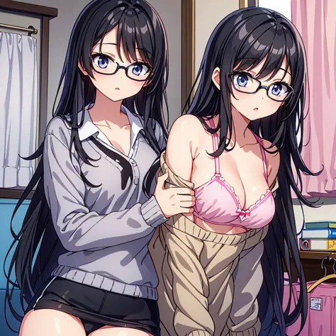 A beautiful junior high school student with straight long black hair and glasses who has a youthful figure is in the middle of changing clothes.、An illustration of a woman in underwear wearing only a light pink bra on her upper body