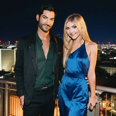 Tom Ellis and Taylor Momsen looking at eachother smiling calmly as they stand at the top of a rooftop building in Los Angeles at night, as they look into each others eyes laying on the rooftop railing