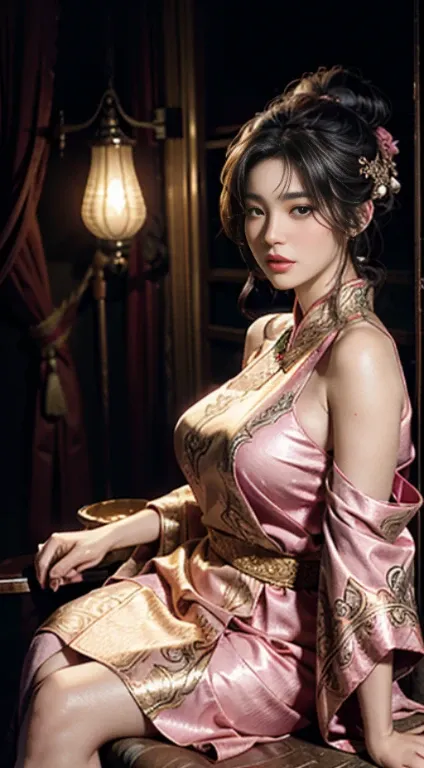 The art depicts a charming woman dressed in a flowing, silky traditional oriental dress, pink, decorated with intricate patterns and bright colors. Her dress drapes elegantly over her curvy figure, accentuating her seductive silhouette. She stood gracefull...