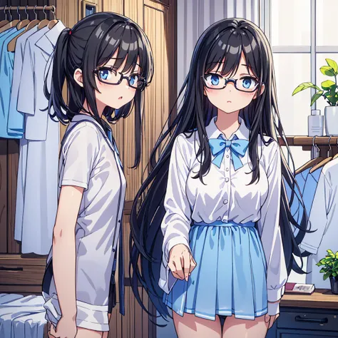 Illustration of a beautiful, bespectacled junior high school girl with long, straight black hair and a youthful figure, in the midst of changing clothes alone, wearing only a light blue bra on her upper body and underwear.