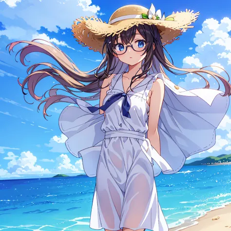 under the summer sky、A beautiful junior high school girl with glasses in a white sleeveless dress tries to keep her straw hat from blowing away in the wind.