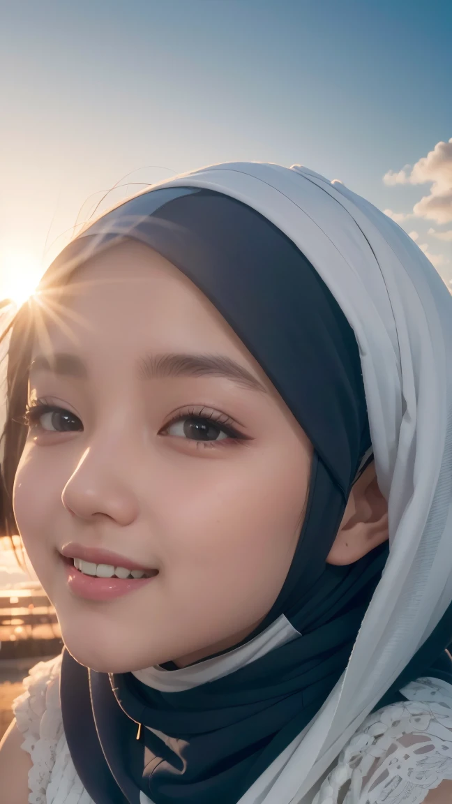 masterpiece, best quality, movie still, 1 malay girl in hijab, cloud girl, floating in the sky, close-up, bright, happy, warm soft lighting, sunset, (sparks:0.7)