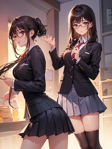 school uniform, blazer、1人の女性、brown haired、Brown eyes、Black-rimmed glasses、 Best Quality、ultra-detailliert、8K resolution、Raw photo、masutepiece、gorgeous faces、Perfect body, ,thigh-high socks, Pleated skirt, handjob